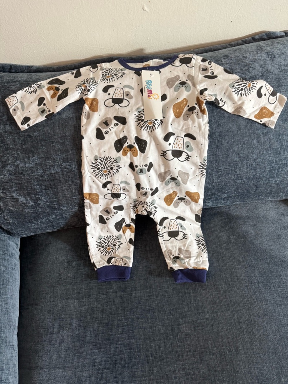 NWT Peppy Mini Baby Dog Print One-Piece Bodysuit in White with Navy Trim